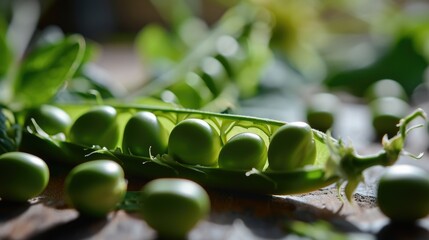 Aufkleber - A close-up view of a bunch of peas arranged on a table. This image can be used to depict freshness, healthy eating, or as a background for cooking or gardening-related content