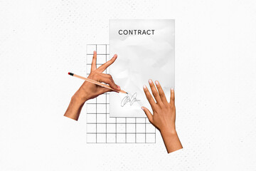 Photo creative collage poster banner illustration human arms signing contract work employment agreement hiring job white background