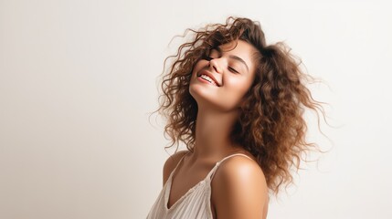 happy cheerful girl smiles gently side view take a photo in studio white background. ai generated