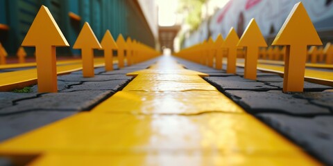 Aufkleber - A row of yellow arrows on a street. This image can be used to depict direction, navigation, or traffic concepts