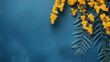 Blue banner with mimosa branch top view, Ai generated image