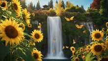 Sunflowers In The Garden Fantasy Waterfall Of Joy, With A Landscape Of Sunflowers And Butterflies,  