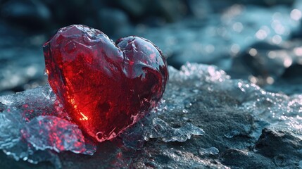 Poster - A red heart sitting on top of a pile of ice. Suitable for love-themed designs and concepts