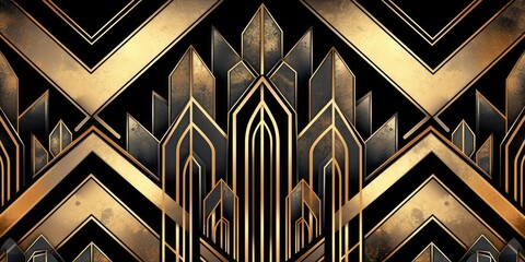 Wall Mural - An art deco style geometric pattern with gold and black design.