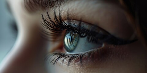 Poster - A close-up view of a person's eye with beautifully long eyelashes. This image can be used to emphasize the beauty of the eyes and enhance any visual content