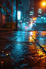 Aufkleber - A wet sidewalk illuminated by a street light at night. Suitable for urban, cityscape, and rainy day themes