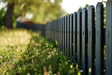 Poster - A close-up view of a fence in the grass. This image can be used to depict boundaries, property, or outdoor settings