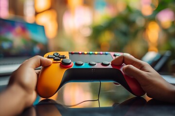 Womans Hand Playing Computer Games with Joystick, Copy Space for Text or Design