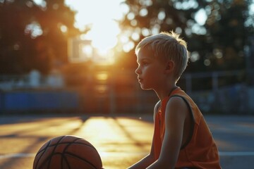 Aufkleber - A young boy sitting on a basketball court holding a basketball. Suitable for sports-related designs and concepts