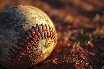 Wall Mural - A baseball resting on the dirt of a baseball field. Suitable for sports-related projects