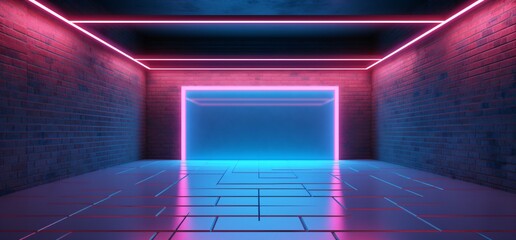 Wall Mural - A futuristic, neon-lit room with a pink and blue doorway Generative AI