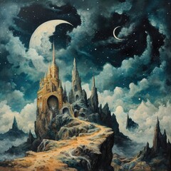 Poster - A beautiful painting depicting a castle floating in the sky. Perfect for adding a touch of fantasy to any project