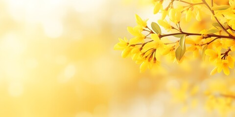 flowering forsythia in springtime sunshine, floral spring background banner concept with copy space and defocused lights in saturated yellow color