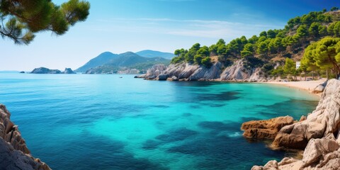 Wall Mural - Sun shines to beautiful bay with a small beach and views of the blue sea and rocks