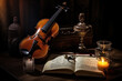 © pilipphoto - Old violin at the table with books and candles, still life