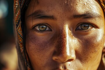 Poster - A detailed view of a woman's face with beautiful freckles. This image can be used for various purposes