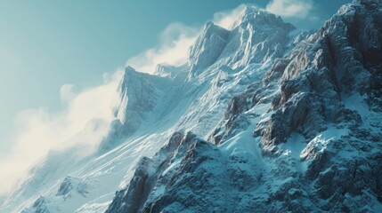 Poster - A majestic mountain covered in snow and surrounded by clouds. Perfect for outdoor and nature-related projects
