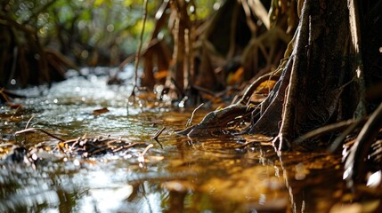 Poster - A stream running through a forest, ideal for nature and landscape photography