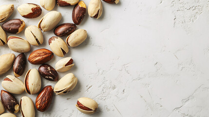 Wall Mural - Tasty pistachios on white textured background, top view