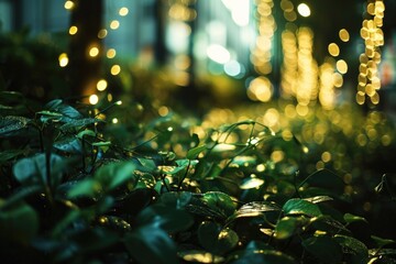 Poster - A collection of vibrant green plants illuminated by colorful lights in the background. Perfect for adding a touch of nature and warmth to any space
