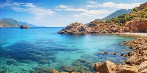 Wall Mural - Sun shines to beautiful bay with a small beach and views of the blue sea and rocks