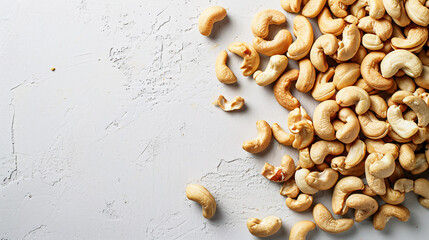 Wall Mural - Roasted cashew nuts on white textured background, top view