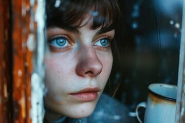 Poster - A woman is seen looking out of a window while holding a cup of coffee. This image can be used to depict moments of contemplation, relaxation, or enjoying a quiet morning