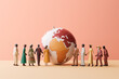 Multi cultural Human figures standing in front of world globe map and looking at it, human puppet figures near the globe, world population and  ethnicity concept in a minimalist copy space background