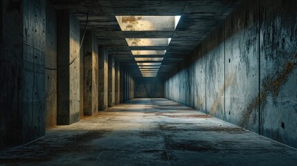Aufkleber - A long hallway with concrete walls and a skylight. Perfect for architectural and industrial themes