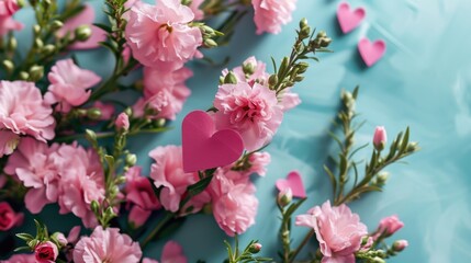 Poster - Pink flowers with a pink heart on a blue background. Ideal for greeting cards and romantic designs