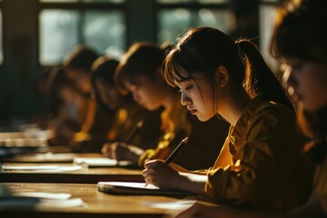 Poster - A group of people sitting at a table engaged in writing. This image can be used to depict teamwork, collaboration, brainstorming, or a business meeting