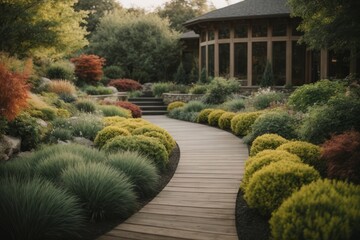 Poster - Luxury landscape design of the tropical home garden with various flowers, plants, shrubs, trees and a path.