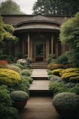 Poster - Luxurious landscaping in the home garden with various flowers, plants, shrubs, trees and a wooden path. The front yard of the house, Landscape, landscaping in spring and summer.