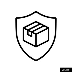 Poster - Shipping box with shield symbol, insurance and security concept vector icon in line style design for website, app, UI, isolated on white background. Editable stroke. Vector illustration.