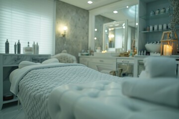 Aufkleber - A serene spa room featuring a massage table and flickering candles. Perfect for relaxation and pampering.