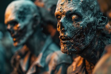 Poster - A close-up view of a statue depicting a group of zombies. This eerie sculpture is perfect for Halloween decorations or horror-themed projects