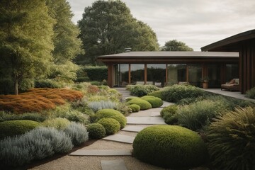 Poster - Natural modern landscaping in a home garden with various flowers, plants, shrubs, trees and a wooden path. Landscape, landscaping in spring and summer.