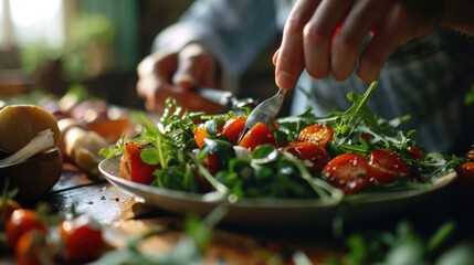 Aufkleber - A person is seen eating a salad with a fork. This image can be used to depict healthy eating habits or as a visual for diet and nutrition-related content