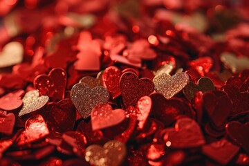 Poster - A vibrant pile of heart shaped confetti in red and gold. Perfect for adding a touch of celebration and love to any occasion