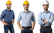 © Shivart - photo of an engineer with white and yellow safety helmet, Worker in uniform isolated on transparent background