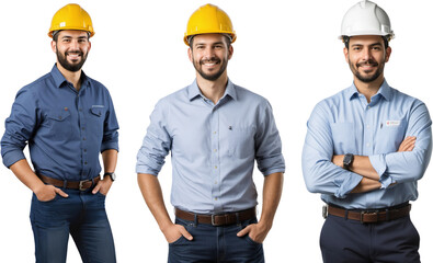 photo of an engineer with white and yellow safety helmet, worker in uniform isolated on transparent 