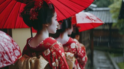 Poster - A group of women holding red umbrellas in the rain. Suitable for various uses