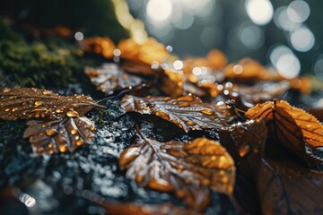 Poster - A close up view of a bunch of leaves scattered on the ground. This image can be used to depict the beauty of nature or to represent the changing seasons