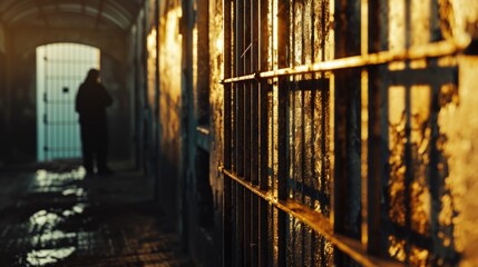 Poster - A person standing in a jail cell. Can be used to depict imprisonment, confinement, or criminal justice concepts