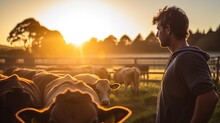 A Farmer Tends To Cows In A Sun-kissed Field, Embodying The Ideals Of Sustainable Agriculture And Livestock Care. This Scene Captures The Essence Of Farming Against The Backdrop Of Radiant Sunshine.