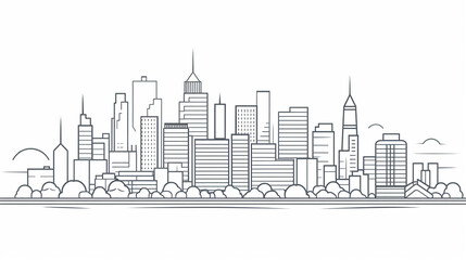 Line sketch style city panorama. Illustration of urban skyline Outline cityscape. 