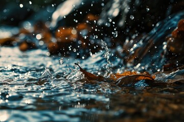 Poster - A detailed close-up photograph of a leaf floating in water. Suitable for nature-themed projects and designs