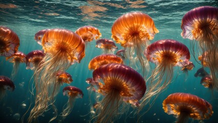 Wall Mural - A colorful and varied assortment of jellyfish, each with a distinct and captivating color scheme, dancing in the glistening waters