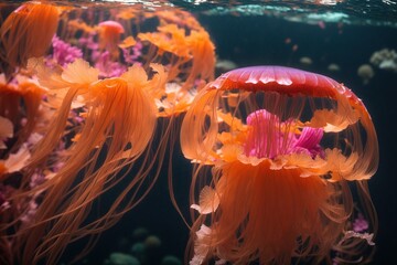 Wall Mural - A vibrant orange and pink jellyfish glides gracefully through the crystal clear waters