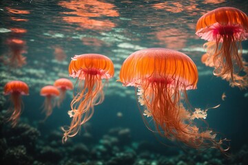 Wall Mural - The long tentacles of a vivid orange and pink jellyfish trail behind it like a flowing gown as it gently floats across the pristine seas.